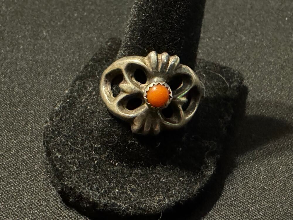 Vintage Sterling & Coral Sand Cast Ring Native Southwestern Size 9